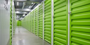 storage units with green doors